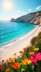 Maltese Summer Serenity Golden Sunlight Bathes Pristine Beach, Turquoise Waters Lap Shore, Vibrant Wildflowers Bloom