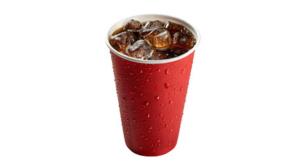 Refreshing cold drink in a red cup filled with ice and soda on a warm afternoon on a transparent background