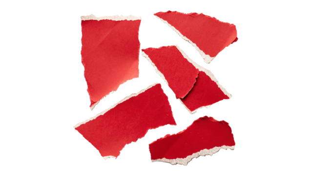 Pieces of red paper torn and scattered creating an abstract design with sharp edges and varied shapes on a transparent background - Powered by Adobe
