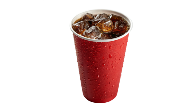 Refreshing cold drink in a red cup filled with ice and soda on a warm afternoon on a transparent background