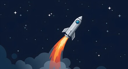 Naklejka premium Rocket launch in space illustration, rising through stylized clouds against a deep blue starfield backdrop; flat vector design with clean lines and bright flame - hero image
