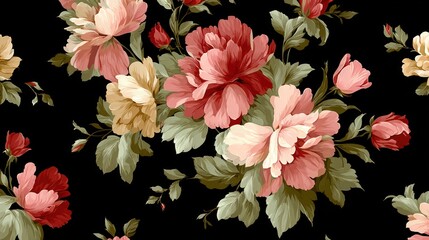 Blooming garden with vibrant flowers and leaves on a dark background.