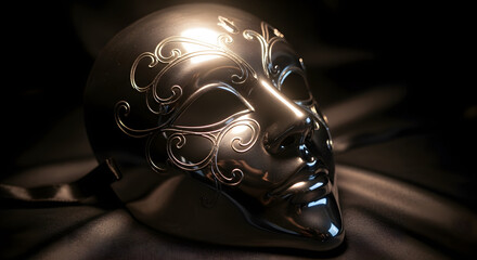 An elegant and mysterious dark masquerade mask with ornate silver filigree on a black silk background