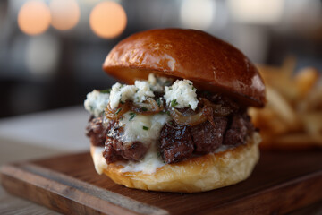 Gourmet burger with blue cheese and caramelized onions on a bun