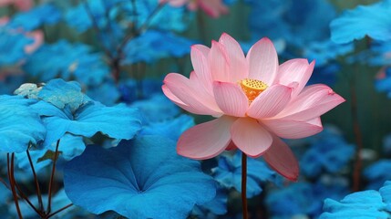 Delicate pink lotus flower blooms amidst vibrant blue foliage.