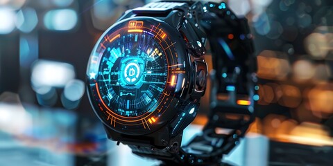 Futuristic smartwatch with glowing digital display and sci-fi interface
