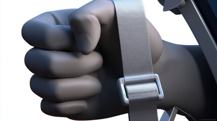 Gray hand gripping safety belt strap with tension and calm lighting, close up emotional detail
