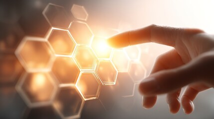 Finger Touching Glowing Orange Hexagon: Tech Interaction Scene