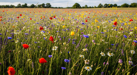 A beautiful and vibrant meadow of colorful wildflowers including poppies and cornflowers under a daytime sky