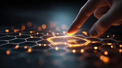 Finger Touching Glowing Hexagon on Dark Background: Tech Touch Scene