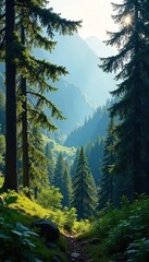 Serene Sunlight Dapples Through Dense Mountain Fir Forest, Evoking Peace and Tranquility - Perfect for Nature-Themed Projects