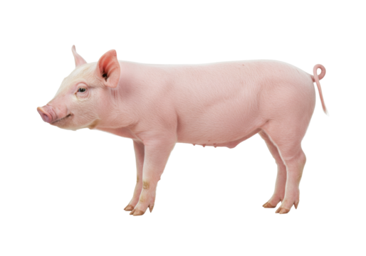 Isolated pig standing sideways with curly tail, mammal, farm animal, livestock, piglet