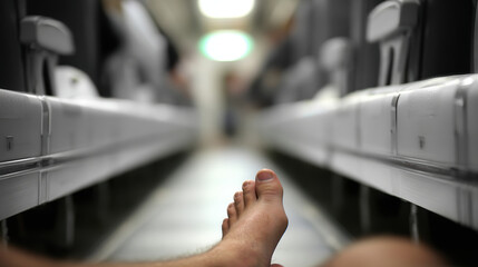 Bare feet on airplane aisle with blurred cabin interior conveying travel fatigue and calm