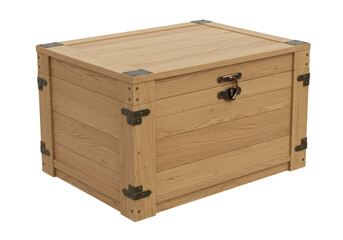 Isolated wooden chest with metal hardware on lid and corners, antique trunk for storage