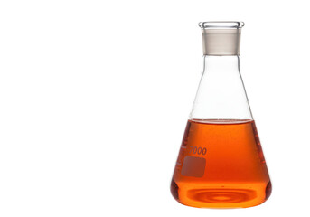 Isolated Erlenmeyer flask with liquid for laboratory research chemistry experiments