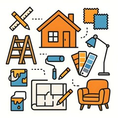 Fototapeta premium Home Interior Design and Renovation Tools and Elements Flat Illustration Set