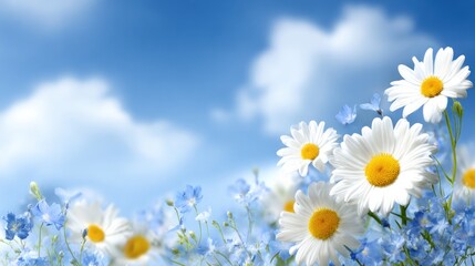 White daisies and blue flowers bloom under a bright blue sky with clouds.