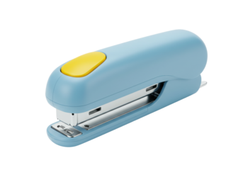 Isolated blue stapler with yellow button, office supply, paper fastener, manual desktop tool