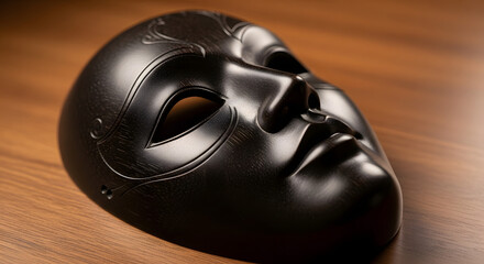 A beautifully carved and mysterious black wooden masquerade mask rests on a wooden table