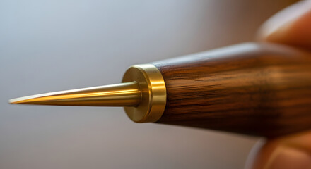 Extreme close-up macro shot of the sharp brass tip of a fine woodworking or leathercrafting awl tool