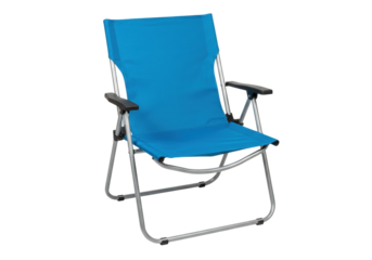 Isolated blue folding camping chair with aluminum frame for outdoor recreation and travel