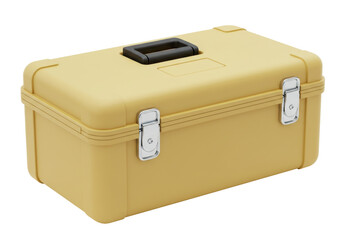 Isolated tan toolbox, industrial container, sturdy metal latches, rugged protective case