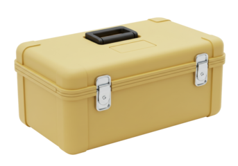 Isolated tan toolbox, industrial container, sturdy metal latches, rugged protective case