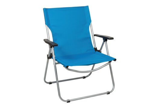 Isolated blue folding camping chair with aluminum frame for outdoor recreation and travel