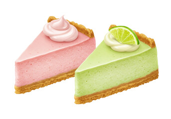 Isolated cheesecake slices with key lime and strawberry frosting sitting next to each other