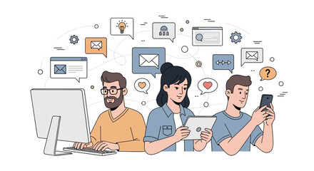 Vector Illustration of Diverse People Using Digital Devices – Flat Design Concept of Usability, Interface Interaction, and Human Centered Design