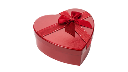 A heart-shaped gift box with a shiny red surface isolated on transparent background