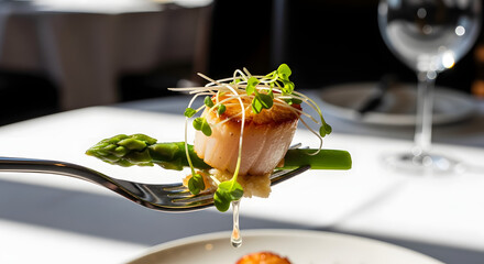 A perfectly seared gourmet scallop with fresh asparagus and microgreens presented on a fork