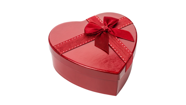 A heart-shaped gift box with a shiny red surface  isolated on transparent background	