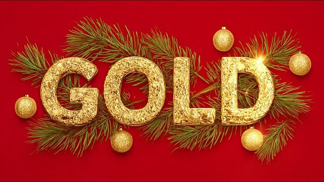 Golden Christmas adornments with pine sprigs on a red background