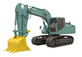 Isolated excavator with yellow bucket for excavation tasks, digger heavy machinery