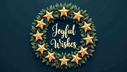 Decorative holiday wreath with stars and "Joyful Wishes" message in a festive design