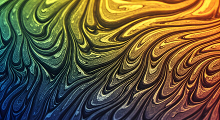 A vibrant and colorful abstract background of swirling marbled paint in yellow green and blue hues