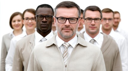In a corporate setting, a group of seven professionals stands in a line, dressed in formal attire. They project confidence and unity, showcasing diverse backgrounds