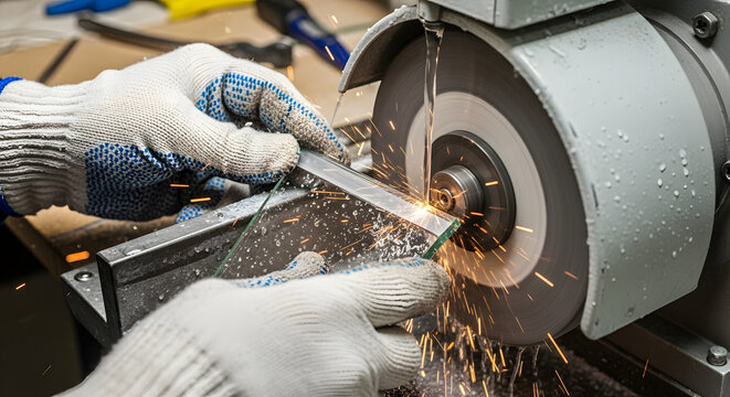 A factory worker wearing protective gloves carefully grinds the edge of a glass pane on a wet grinding machine