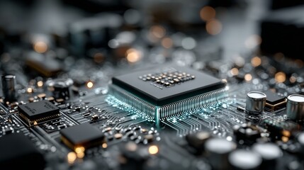 Futuristic Microchip on Circuit Board with Glowing Connections, Symbolizing Advanced Data Processing and AI
