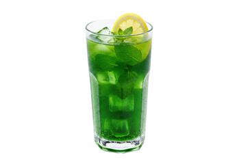 Isolated green cocktail, mint leaves, ice cubes, and lemon slice in glass, close-up