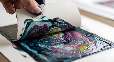 An artist's hand peeling a monoprint from a colorful marbled paint surface revealing the abstract design