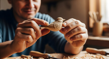 A smiling craftsman proudly displays a small intricately carved wooden bird in his workshop