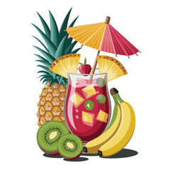 Tropical Fruit Drink Illustration – Pineapple, Kiwi, Banana & Strawberry Beverage Art