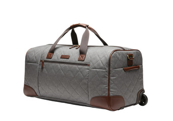 Isolated Quilted Gray Rolling Duffel Bag with Brown Trim for Travel and Luggage