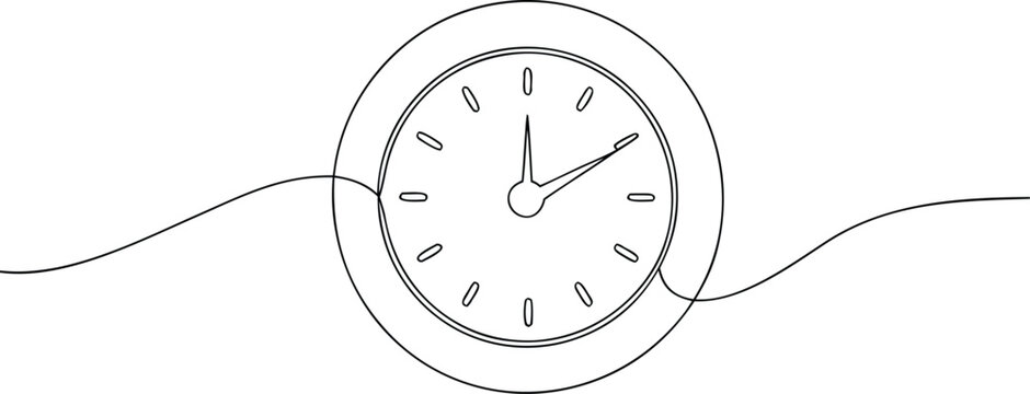 Black and white line art of a clock face with hands