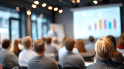 A group of people attentively watching a presentation with a bar chart displayed on a screen in a modern conference room.