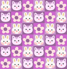 Fototapeta premium Adorable Purple Seamless Pattern with Cartoon Cats and Rabbits 