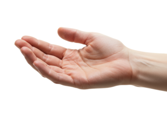 Isolated human hand reaching out, palm open in a receiving gesture, clean skin tone