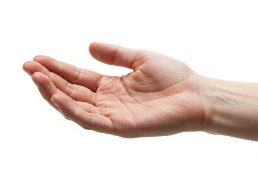 Isolated human hand reaching out, palm open in a receiving gesture, clean skin tone